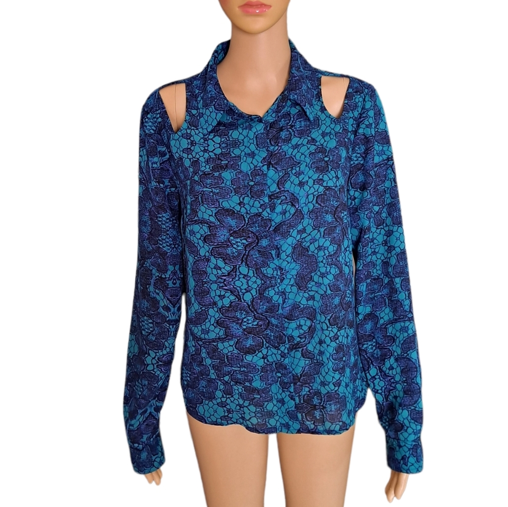 L'AMOUR Nanette Lepore blue/teal cut outs long sleeve button up blouse/t… - Picture 4 of 4